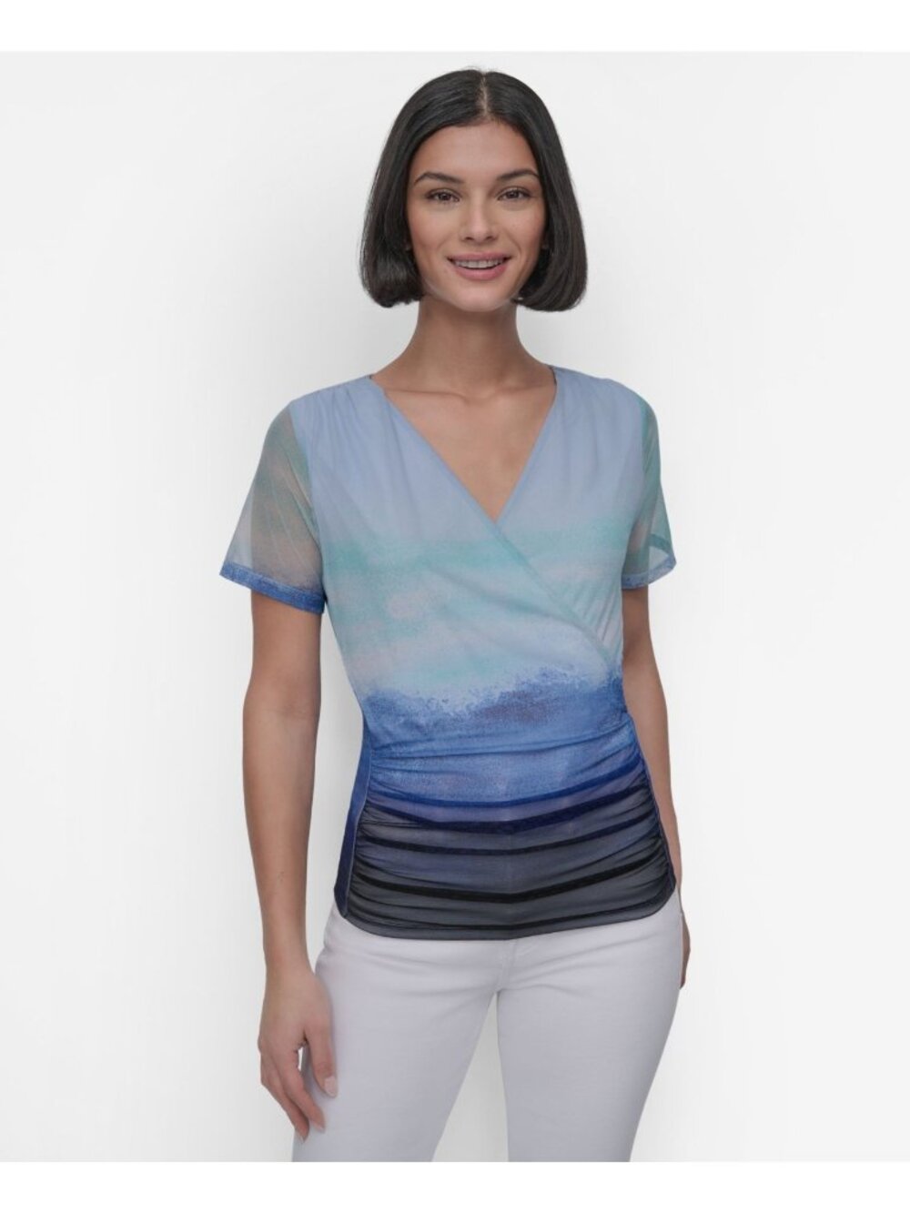 DKNY Women's Printed Mesh Surplice polyester flattering Top Blue Size S $79 SALE